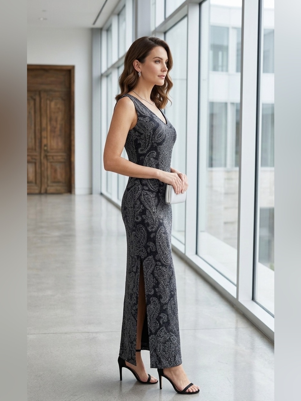 Ever Beauty Shimmering Paisley Maxi Dress.  Embellished Gray/Silver. Size 10